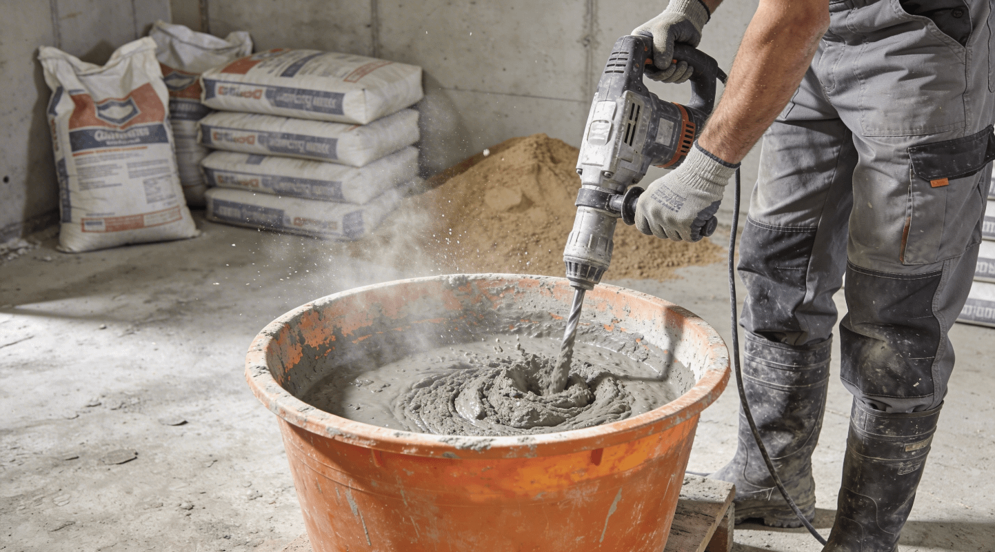 ouvrier mélangeant du mortier dans un seau sur chantier